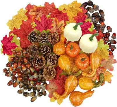Produktbild von Famanu Dekorationsset Thanksgiving mit 172 künstlichen Kürbissen, Tannenzapfen und Ahornblättern - Herbstdeko