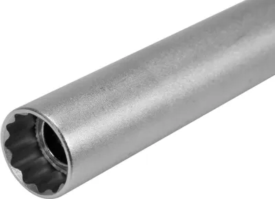 A close-up view of the end of a long, thin, metallic socket wrench extension.