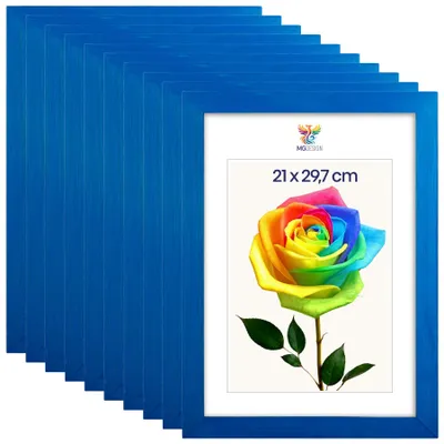 Produktbild von MG Design 10er Set Bilderrahmen Blau A4 21x29,7 cm - Echtholzrahmen mit Acrylglas, hoch/quer, zum Aufhängen & Aufstellen