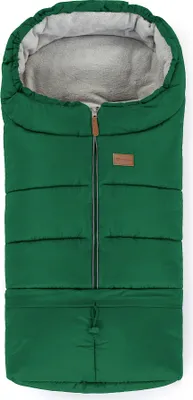 A green winter sleeping bag for a baby or toddler, shown from the front.