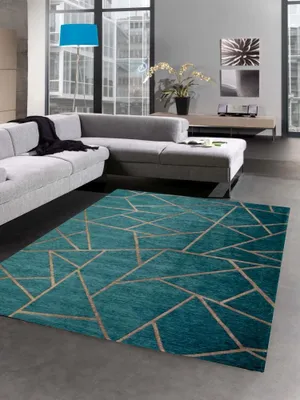 Produktbild von Moderner Teppich Orientteppich Kelim Kilim türkis bronze gold Größe - 80 x 250 cm