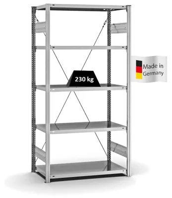 Produktbild von PROREGAL Fachbodenregal Stecksystem MAGNUS  Germany | HxBxT 200x100x50cm | 5 Ebenen | Fachlast 230 kg | Einseitig nutzbar | Verzinkt