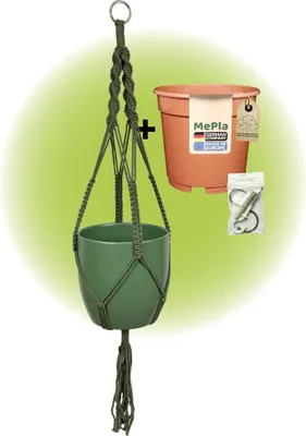 Produktbild von MePla - Set - Ampel Makramee Naturgrün - Basel ø19 Moosgrün + Kulturtopf ø18 + Beipack-Set 21550-001