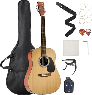 Zdjęcie produktu dla Gitara akustyczna VEVOR Dreadnought, 41 cali, 6-strunowa gitara naturalna z litym świerkowym topem, zestaw dla początkujących z gig bagiem, tunerem, paskiem, strunami, kostkami, kapo, palisandrową podstrunnicą, dla dorosłych, wyższych graczy