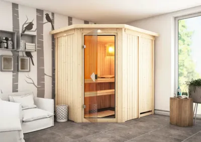 Produktbild von Plug & Play Sauna Karibu Laja ohne Ofen mit Dachkranz und bronzierter Ganzglastüre
