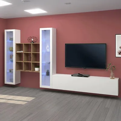 Immagine prodotto di Dmora Parete Attrezzata Atella 30x350x180h cm Bianco Lucido, 21 Vani Apertura Battente e a Ribalta Italy