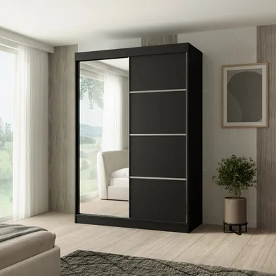 Produktbild von Schiebtürenschrank PACO 150 cm - Kleiderschrank inkl. 2 Schiebtüren Schrank mit Spiegel & Kleiderstange, Farbe: Schwarz