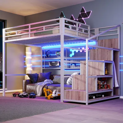 Produktbild von Flieks Etagenbett 140x200cm mit Aufhängegitter & Led, Hochbett mit Kleiderstange und Staufach, Jugendbett Metallbett Doppelbett mit Treppe, Weiß