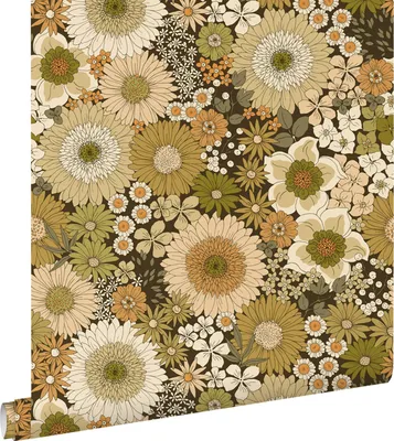 Zdjęcie produktu dla ESTAhome tapeta retro kwiaty oliwkowa zieleń i pomarańczowobrązowy 50 x 900 cm