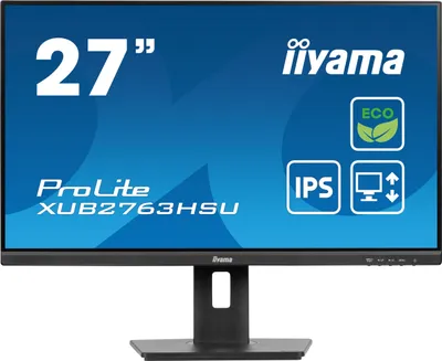Produktbild von iiyama ProLite XUB2763HSU-B1 Monitor, 27 Zoll (68.6 cm), Full HD (1920x1080), 100 Hz, 3ms, IPS, HDMI, DisplayPort, USB 3.0 Hub, Kopfhörerausgang, AMD FreeSync, Flimmerfrei, Blaulichtfilter, VESA, Höhenverstellbar, Pivot, Drehbar, Neigbar, Lautsprecher, Slim Bezel, 85% Recyceltes Gehäuse, Eye Safe & Eye Comfort zertifiziert