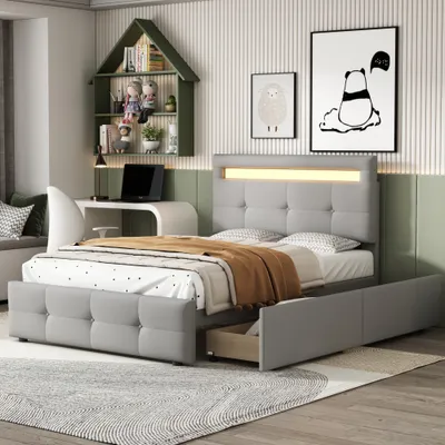 Produktbild von UnboxG Polsterbett 90x200cm mit Lattenrost,2 Schubladen, Stauraumbett Doppelbett mit Stauraumkopfteil und LED, Leinen (Grau)