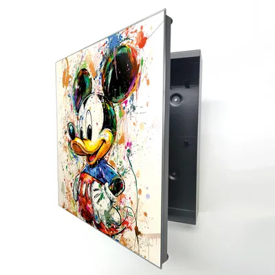 Produktbild von Schlüsselkasten Schwarz Metall, bunte Micky Maus Graffiti Motiv hinter Glas, Moderne Schlüsselbox rechtsöffnend, 32x28x6,5 cm, 20 Haken für den Flur.