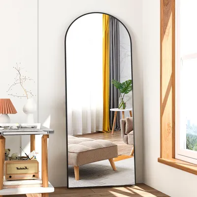 Image de Miroir mural pleine longueur, miroir incurvé, dimensions 142,2 x 40,6 cm, couleur noire, avec support, utilisable debout ou adossé
