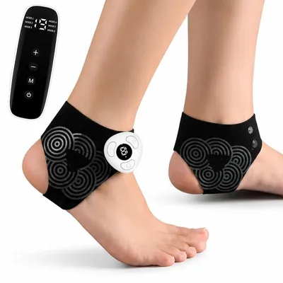 Produktbild von Fußmassagegeräte, EMS Fußmassagegerät mit Fernbedienung, 6 Modi & 19 Stufen, TENS Mikrostrom, U-Form, Doppelriemen – atmungsaktiv, Akku