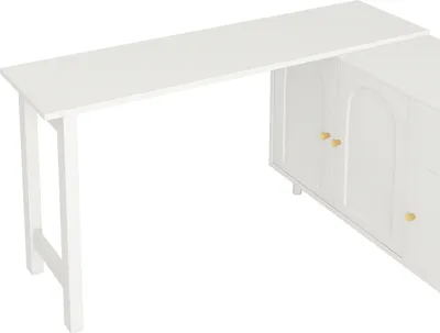 A white desk with a cabinet attached.