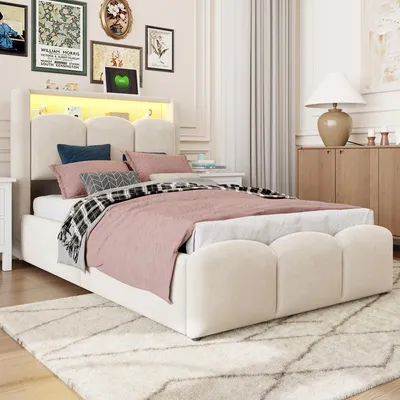 Immagine prodotto di Letto a castello per bambini MODFU, dimensioni 90x200, con spazio contenitore e testiera con ripiano, letto multifunzione con LED, letto imbottito idraulico rivestito in velluto, color beige (senza materasso)