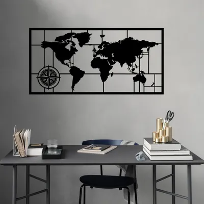 Immagine prodotto di Wallity, Mappa del mondo in metallo 7 - Nero, decorazione da parete, nero, metallo, 121 x 60 cm