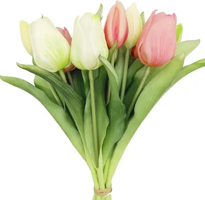 Obrázok produktu pre Umelé tulipány kytica 10-dielna, ružové a biele tulipány, 4 drahokamy, pre jarnú dekoráciu