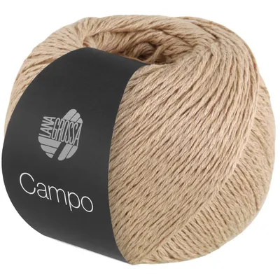 A ball of beige yarn with a black label.