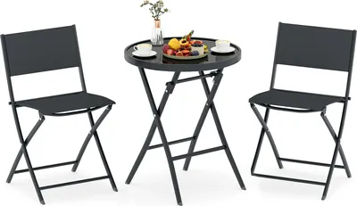 Immagine prodotto di Set bistrot KOMFOTTEU, 3 pezzi, pieghevole, set da giardino in tessuto Textilene con struttura in metallo, tavolo e 2 sedie in vetro temperato, set da pranzo per balcone, Tereza