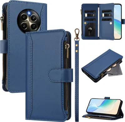 Image de Étui pour Realme 12 Pro/Realme 12 Pro+, zippé, portefeuille Étui à rabat en cuirPolyuréthaneavec poches pour cartes, support et boucle pour les mains bleu