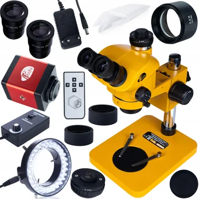 Produktbild von Mikroskop Trinokular Stereoskop 7–50x mit FullHD Kamera HDMI/VGA | Barlow 0,5x Linse | LED Ringlicht 56 LEDs | Elektronik Inspektion & Löten Set