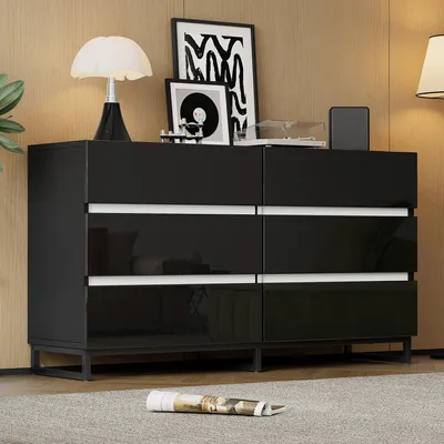 Zdjęcie produktu dla Fortuna Lai 140*39,5*78,5 cm Kredens do salonu, szafka do salonu z 6 szufladami, komoda z wysokim połyskiem, szafka z 3 metalowymi nóżkami, szafka pomocnicza o doskonałej nośności, biało-czarna