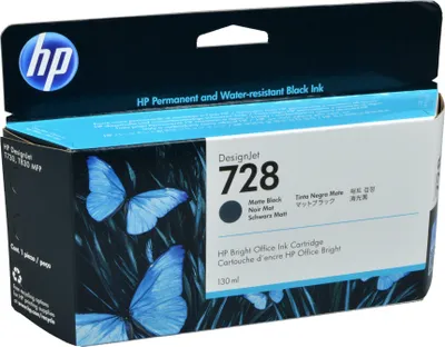 Produktbild von HP 728 Mattschwarz DesignJet-Tintenpatrone, 130 ml, HP DesignJet T730 Drucker, HP DesignJet T830 Multifunktionsdrucker, Thermal Inkjet, Schwarz, Singapur, Malaysia, 202 mm, 129 mm