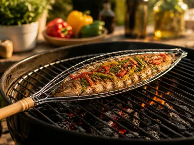 Productafbeelding van Parrilla BBQ Visklem RVS met Houten Handvat – Vis Grillklem voor Barbecue – Geschikt voor Vis en Groenten – 52,5 x 12 cm, AI-gegenereerde afbeelding