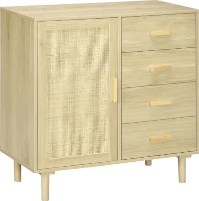 Produktbild von HOMCOM Wohnzimmer-Sideboard im Cannage-Stil, Küchenbuffet mit Rattantür, 4 Schubladen und Beinen aus Kiefernholz für den Flureingang, 80 x 38 x 80,5 cm, Natur