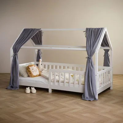 Produktbild von Hausbett Himmel NENA im 2er Set in grau - Betthimmel aus 100% Baumwolle, Baldachin Musselin zweilagig, Bettvorhang für Kinder, Hausbett Deko