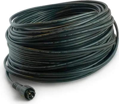 A coiled black cable with a connector on one end, presented on a white background.