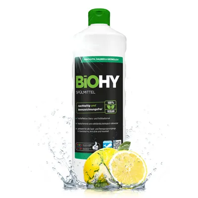 A bottle of BiOHY dish soap with lemons and water splashes.