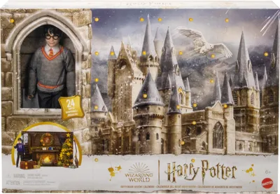 A Harry Potter themed advent calendar box, featuring Hogwarts castle in the background and Harry Potter in a window.