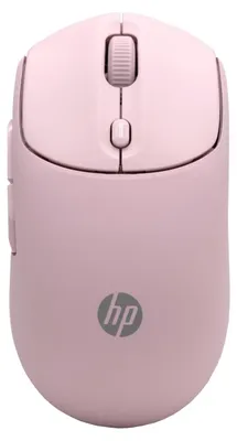 A top-down view of a pink wireless computer mouse.