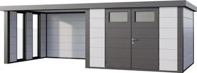 Produktbild von Telluria Metallgerätehaus Classico 3030 mit Lounge Anbau inkl. 2 Fenstern weiß Lounge-Anbau links