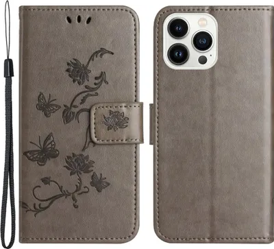 Produktbild von iPhone 15 Pro Hülle - Coverup Blumen & Schmetterlinge Klapphülle - Taupe Grau