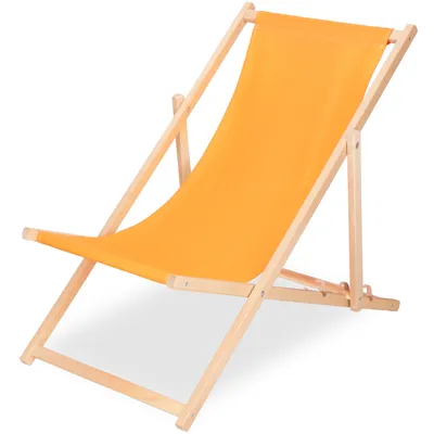 An orange fabric deck chair with a wooden frame, shown against a white background.
