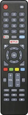 A black remote control with various buttons, including number keys, navigation buttons, and shortcut buttons for streaming services.