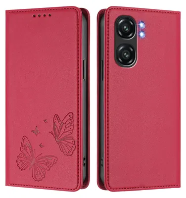 Produktbild von Lederhülle für Oukitel C58 / C58 Pro, Schmetterling Prägung Leder Brieftasche Schutzhülle mit Ständer Rot