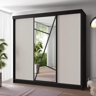 Produktbild von FurMeb24 Schiebetürenschrank LOE 200x205x59 cm Kleiderschrank mit Spiegel, 3-türiger Schiebeschrank (SCHWARZ/KASCHMIR)