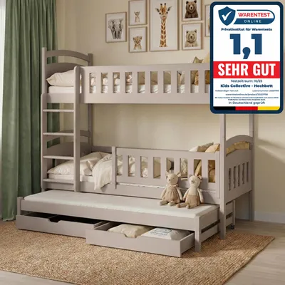 Produktbild von Kids Collective Hochbett 90x200 Etagenbett Kinderbett Jugendbett Stockbett 3 Kinder, zwei Schubladen & Rausfallschutz Kinder Bett umbaubar in 3 Einzelbetten | von 4. bis 18. Lebensjahr | inkl. Lattenrosten | kaschmir