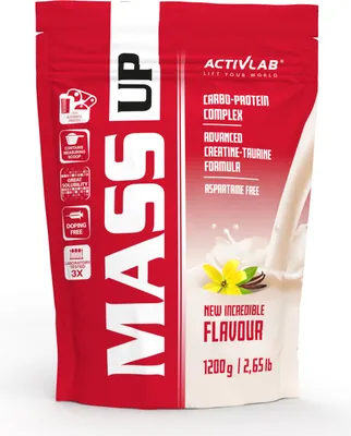A product shot of a red and white bag of Activlab Mass Up protein powder.