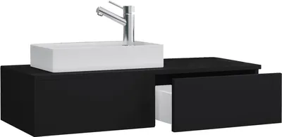 Produktbild von VCM Gudas Badmöbel-Set Gäste-WC, Schwarz, Melaminharz Holzwerkstoff & Keramik, 1 Schublade, Metallscharniere, Unterschrank B85xH19xT35cm, Waschbecken B41xH11xT23cm