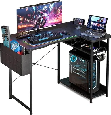 Image de Bureau d'ordinateur en forme de L, 100 x 70 cm, avec sac de rangement, bureau d'angle, bureau informatique, espace de travail avec étagères réversibles, idéal pour le travail, la maison ou le bureau