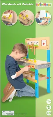 Produktbild von SpielMaus Holz Werkbank mit Zubehör - Maße ca. 45x27x58 cm