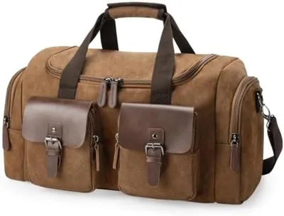 Produktbild von PolkaHome® Retro Canvas Weekender – 35L Multifunktionale Reise- und Sporttasche, 51 x 24 x 29 cm, Braun