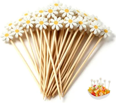 Obrázok produktu pre Špízy na koktaily – 12 cm – Bambusové špízy s chrysantémami – Dekoratívne špízy – Ovocné špízy na narodeniny – Na oslavy – Na hamburgery