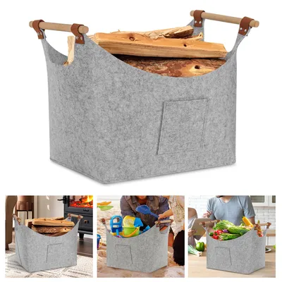 Produktbild von Eikuavons Holzkorb für Kaminholz, faltbarer Filzkorb Hellgrau, 57 L, 3mm Materialstärke, Holzgriffe und 2 Seitentaschen