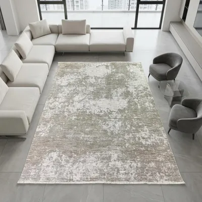 Image de Tapis beige crème avec un motif abstrait, des franges et un design moderne. Dimensions : 80 x 300 cm